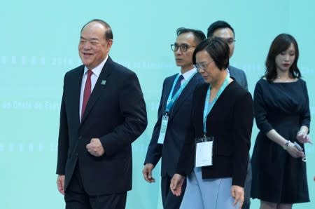 Ho Iat Seng, the candidate for Macau chief executive, attends a meeting in Macau