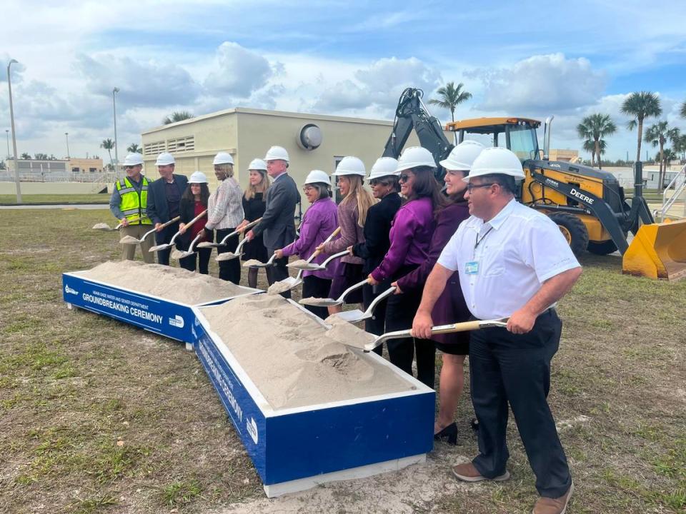 Elected officials, consultants and county staff pose at the groundbreaking for an industrial reuse project at the Central District Wastewater Treatment Plant at Virginia Key on Thursday, February 2, 2024.