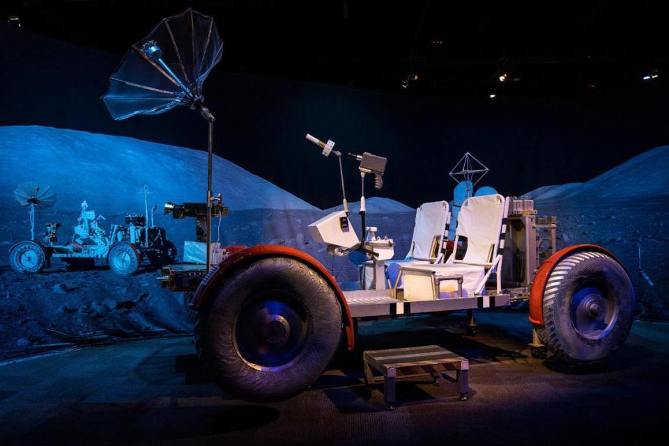 A replica of a lunar rover, that visitors can sit on, is on display as part of the exhibit “Apollo: When We Went to the Moon” at Discovery Place in Charlotte on Thursday, October 14, 2021 in Charlotte, NC. The exhibit runs until January 2, 2022.