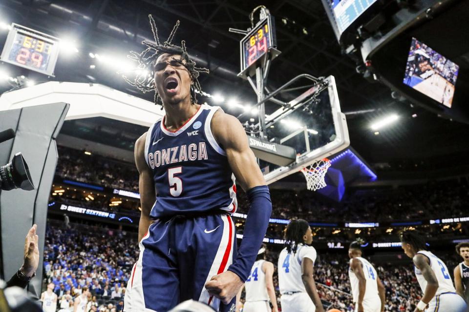 Gonzaga guard Hunter Sallis yells after making a layup