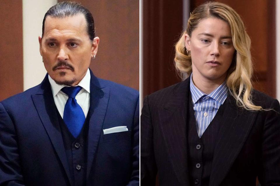 Johnny Depp testifies in the courtroom at the Fairfax County Circuit Courthouse in Fairfax, Virginia, April 25, 2022. - Actor Johnny Depp sued his ex-wife Amber Heard for libel in Fairfax County Circuit Court after she wrote an op-ed piece in The Washington Post in 2018 referring to herself as a &quot;public figure representing domestic abuse.&quot; (Photo by Steve Helber / POOL / AFP) (Photo by STEVE HELBER/POOL/AFP via Getty Images); Amber Heard returns from recess at Fairfax County Circuit Court during a defamation case against her by ex-husband, actor Johnny Depp in Fairfax, Virginia, on May 4, 2022. - US actor Johnny Depp sued his ex-wife Amber Heard for libel in Fairfax County Circuit Court after she wrote an op-ed piece in The Washington Post in 2018 referring to herself as a &quot;public figure representing domestic abuse.&quot; (Photo by ELIZABETH FRANTZ / POOL / AFP) (Photo by ELIZABETH FRANTZ/POOL/AFP via Getty Images)