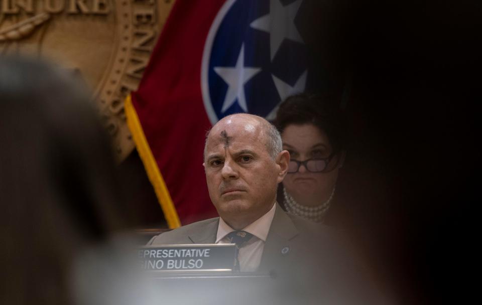 Rep. Gino Bulso, R- Brentwood, listens during a House committee meeting where his bill to prohibit public schools from displaying certain political flags was discussed on Wednesday, Feb. 14, 2024 at Cordell Hull State Office Building in Nashville.