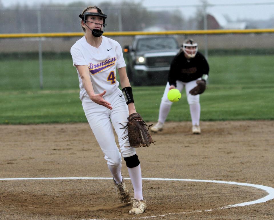 Ashlynn Harris delivers to the plate in the first game for Bronson on Tuesday.