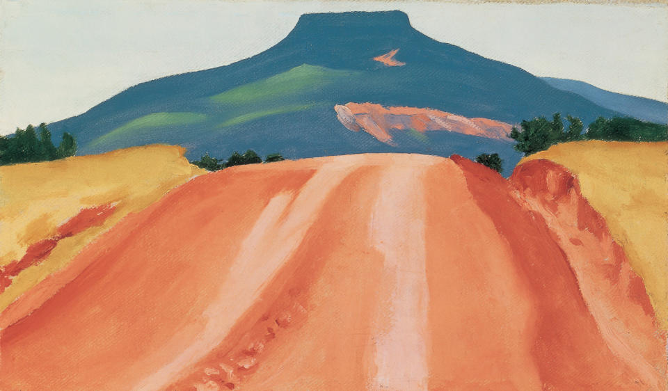 This image provided by the Georgia O'Keeffe Museum shows "Road to Pedernal," 1941, Georgia O’Keeffe Museum, gift of The Georgia O'Keeffe Foundation. A new exhibition highlighting the remote stretches of desert artist Georgia O'Keeffe called "the faraway" and the paintings those places inspired opens May 11, 2012, at the museum in Santa Fe, N.M. (AP Photo/Georgia O'Keeffe Museum)