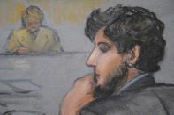 A courtroom sketch shows Boston Marathon bombing suspect Dzhokhar Tsarnaev (R) during the jury selection process in his trial at the federal courthouse in Boston, Massachusetts January 15, 2015. Tsarnaev, who appeared in court on Thursday wearing a sport jacket and collared shirt, more formally dressed than in last week's appearances, and had trimmed his hair, is also charged with fatally shooting a university police officer three days after the bombing. He has pleaded not guilty. REUTERS/Jane Flavell Collins (UNITED STATES - Tags: CRIME LAW)