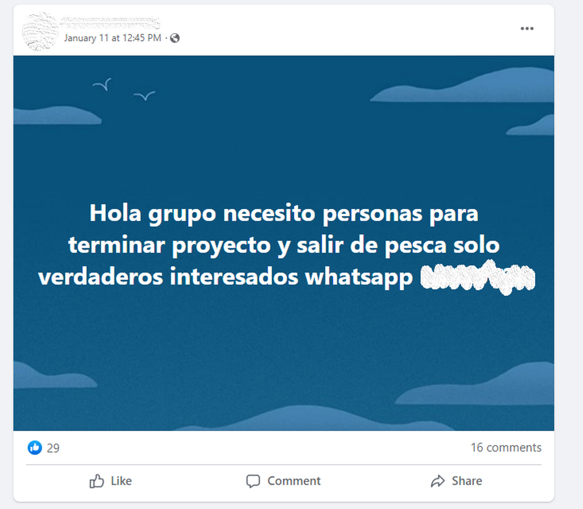 One user says on a Facebook group where Cubans buy and sell boat parts that she needs people to “go fishing.” Going fishing is code in online groups for illegally migrating to the U.S. by sea.