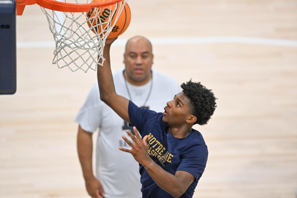 Markus Burton goes up for a shot during practice Tuesday, July 18, 2023, in Rolfs Athletics Hall at Notre Dame.
