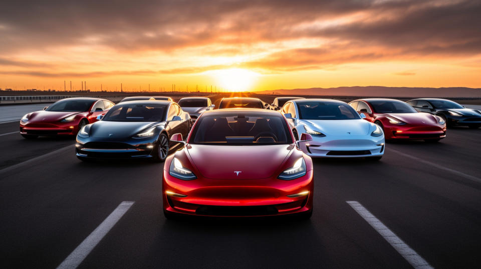 A mix of Tesla electric cars driving on a highway, showing the latest electric transportation technology.