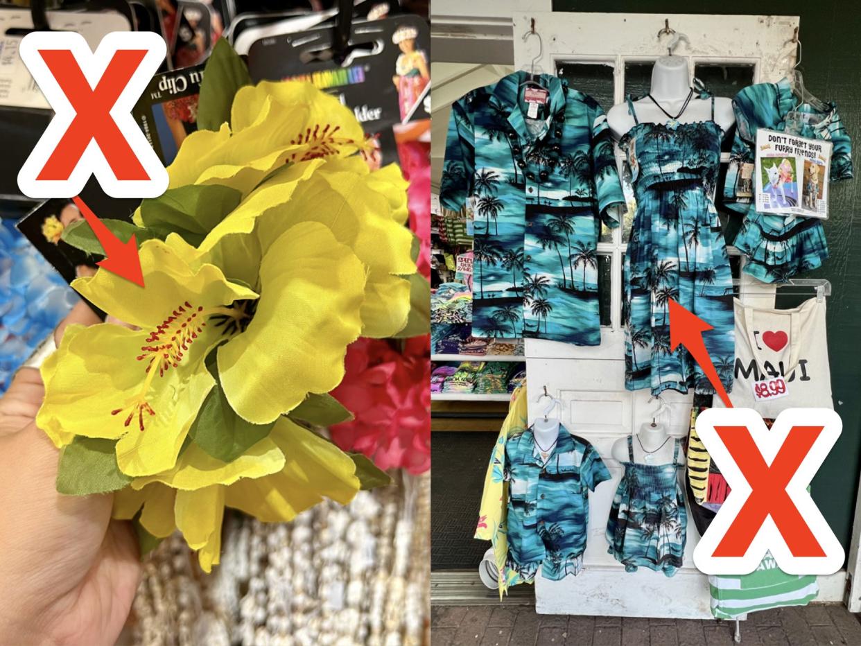 Yellow plastic lei with red arrow and X pointing to it; Blue Hawaiian-print shirts and dresses in adult and child sizes hung in a store with red arrow and X pointing to display