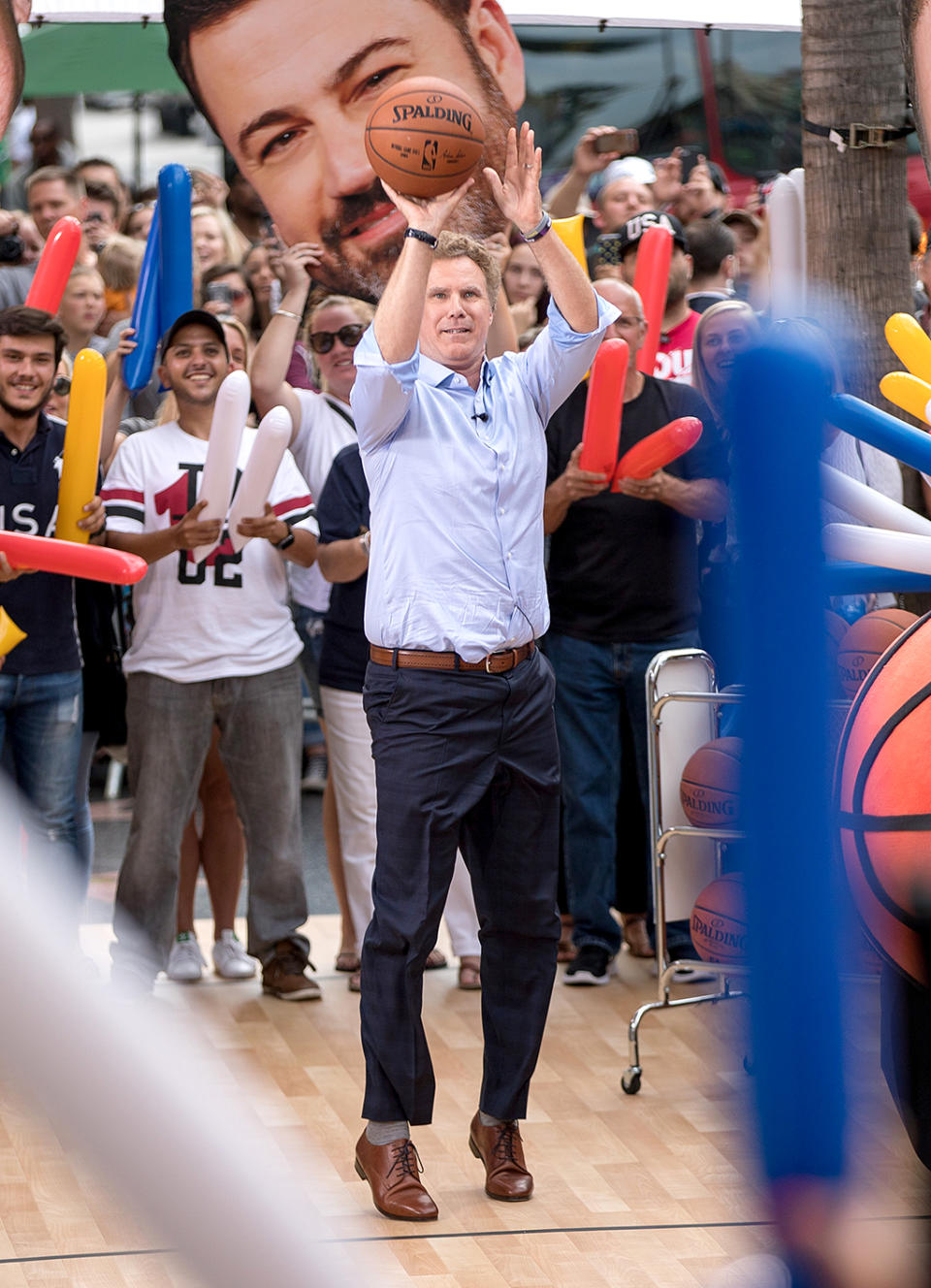 <p>The <i>Semi-Pro</i> star fired off a shot on the basketball court on the primetime edition of his late-night show, <i>Jimmy Kimmel Live: Game Time</i>, that airs annually during the NBA Finals. If he didn’t make it, he should blame it on those fancy clothes. (Photo: RB/Bauer-Griffin/GC Images) </p>