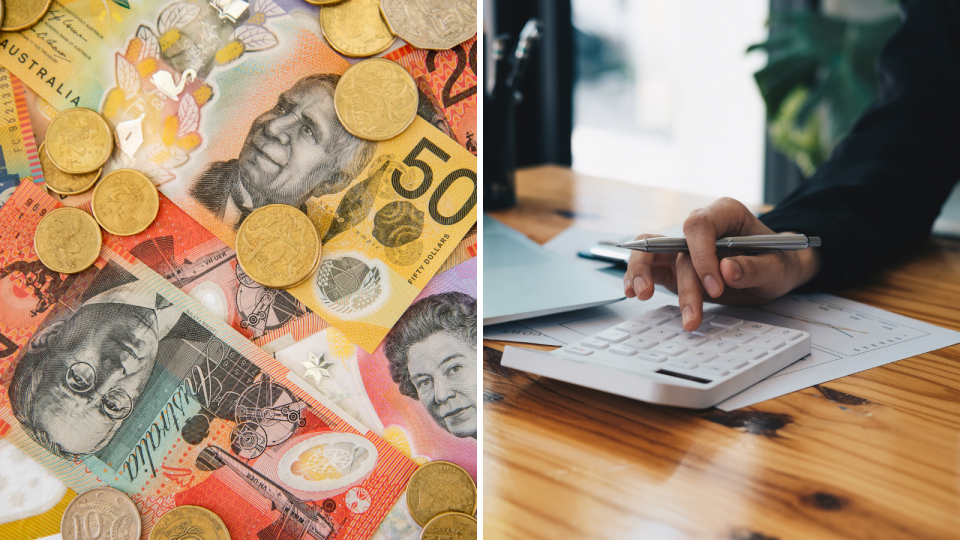 A composite image of Australian currency and a person calculating their tax return.