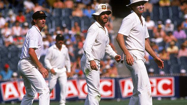 The Victorian (L) was labelled "weak" by his captain Allan Border (centre) for wanting to stop batting during the famous tied Test. Jones was urinating involuntarily and vomiting pitchside in extreme heat, but scored 210 before being put on a saline drip.