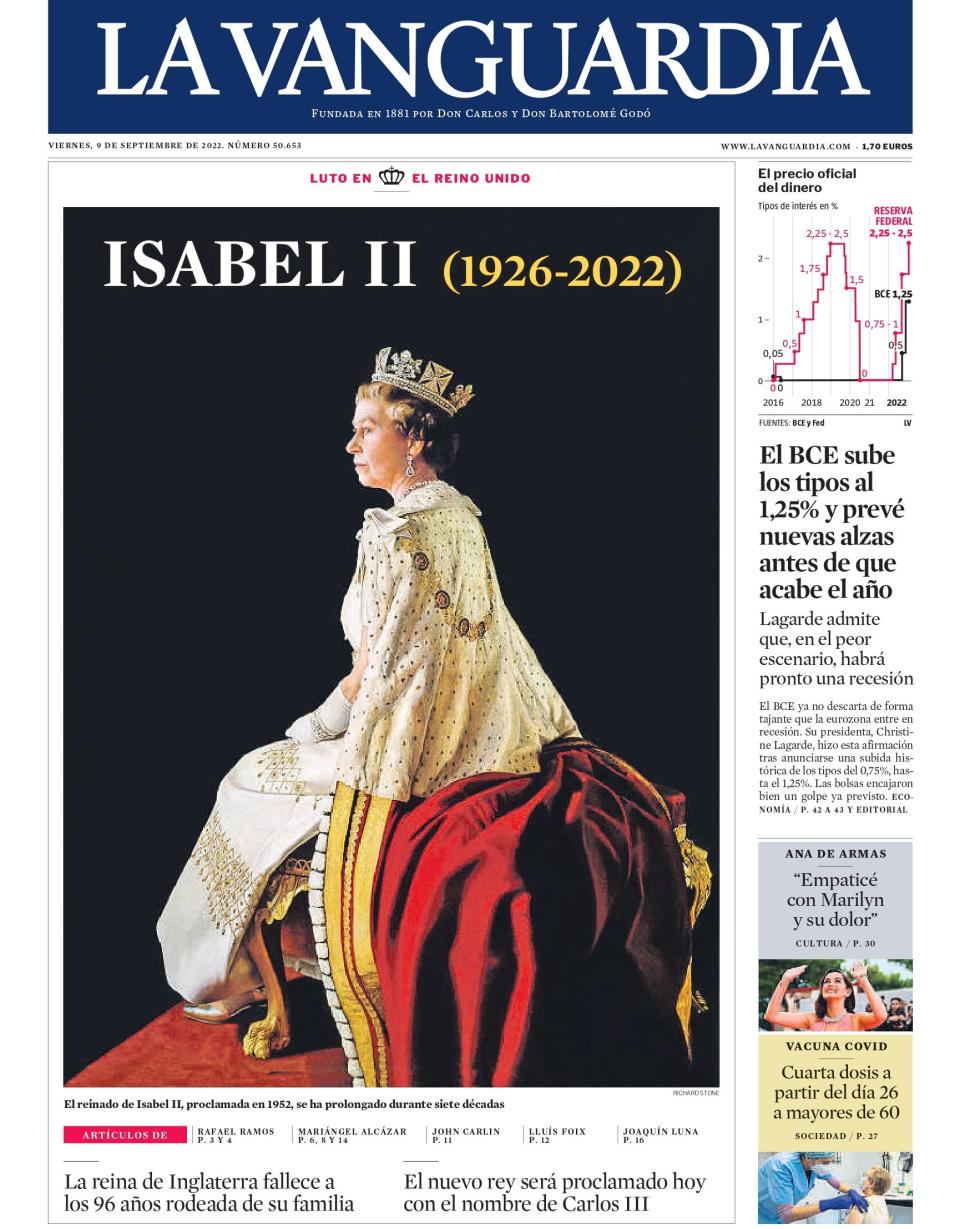 Spain's La Vanguardia newspaper front page on September 9, 2022, marking the death of Queen Elizabeth II.