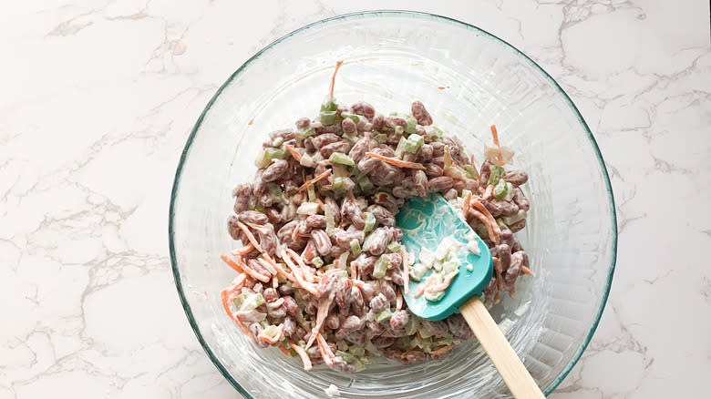 Bean salad in mixing bowl 