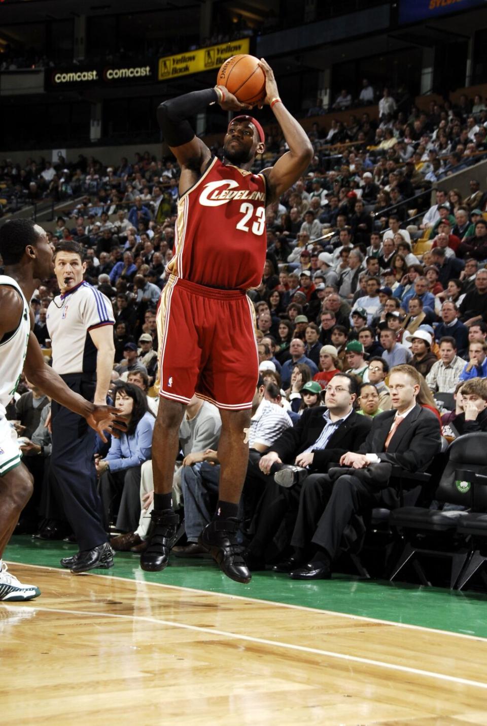 LeBron James pulls up for a jumper against the Celtics in Boston on Jan. 3, 2007.