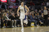 Indiana Pacers forward Doug McDermott (20) reacts after shooting a 3-point basket against the Golden State Warriors during the second half of an NBA basketball game in San Francisco, Friday, Jan. 24, 2020. (AP Photo/Jeff Chiu)