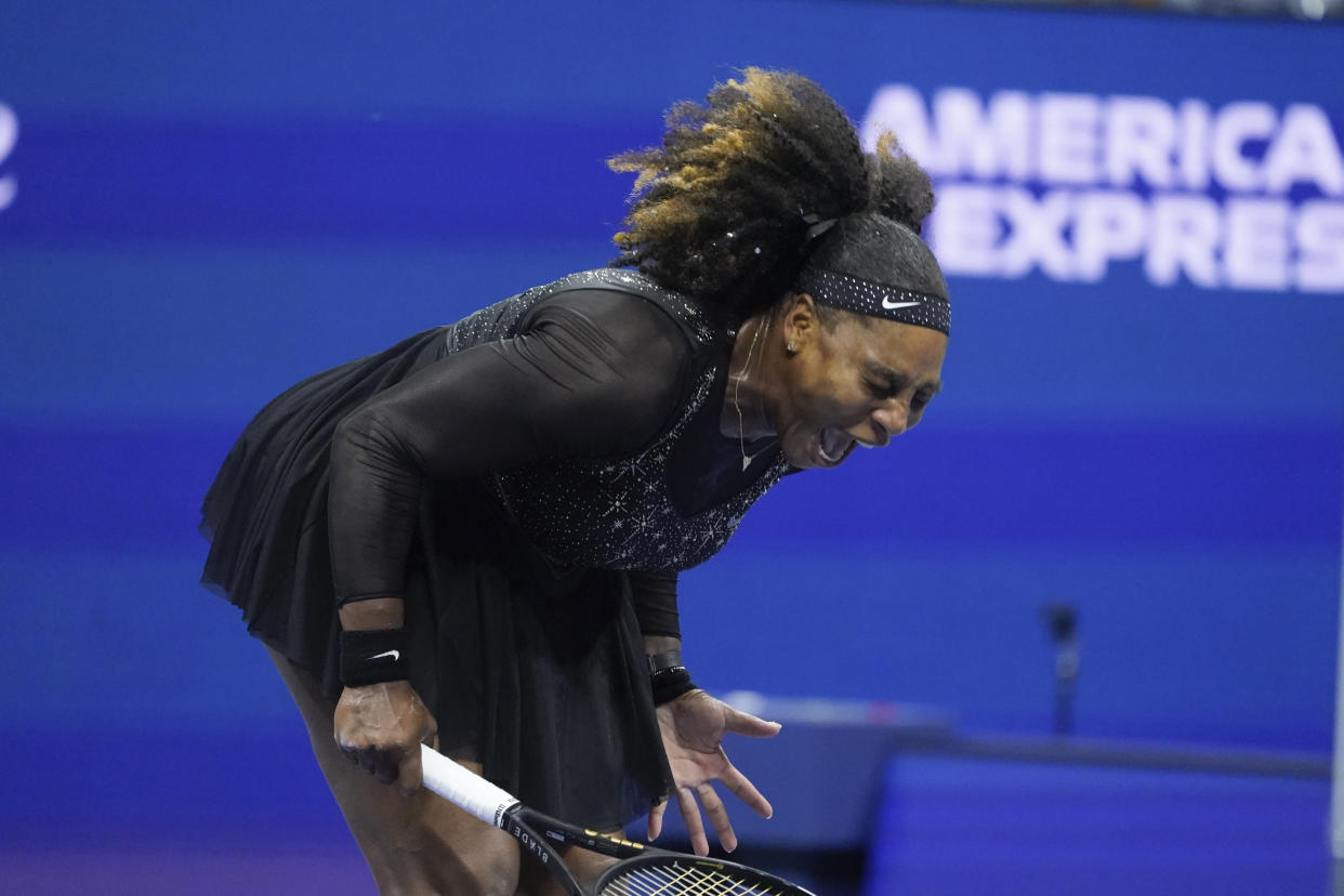 Serena Williams, of the United States, reacts during a match against Ajla Tomljanovic, of Australia, during the third round of the U.S. Open tennis championships, Friday, Sept. 2, 2022, in New York. (AP Photo/John Minchillo)