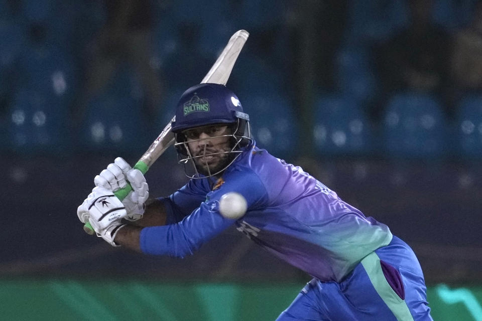 Multan Sultans' Usman Khan plays a shot during the Pakistan Super League T20 cricket qualifier match between Peshawar Zalmi and Multan Sultans, in Karachi, Pakistan, Thursday, March 14, 2024. (AP Photo/Fareed Khan)