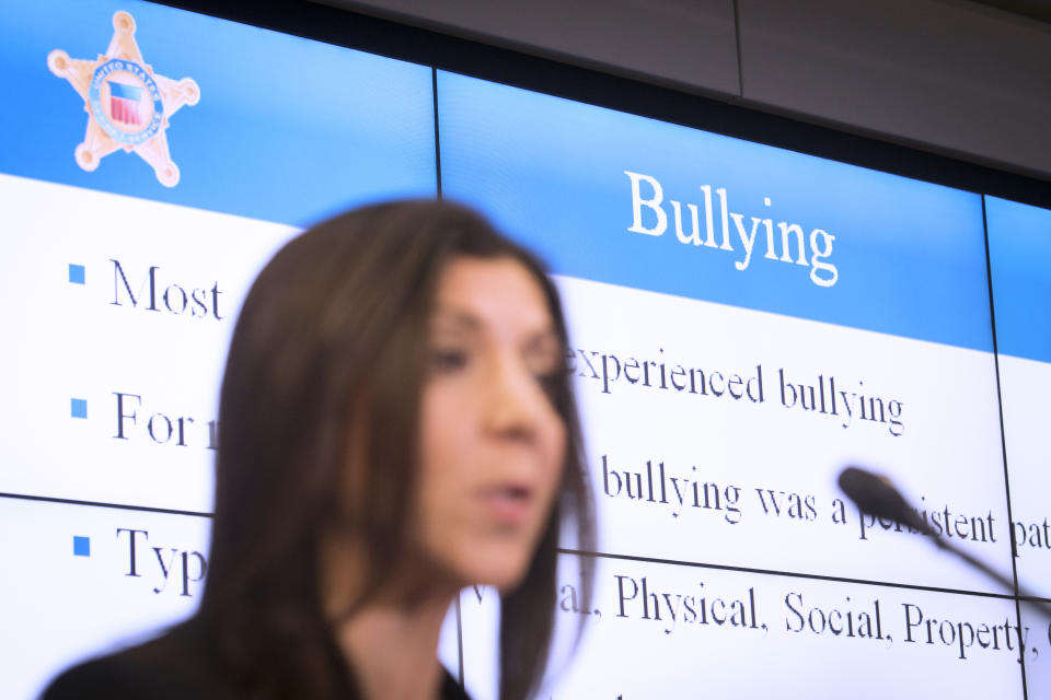 National Threat Assessment Center's Chief Lina Alathari announces the release of the Secret Service National Threat Assessment Center's Protecting America's Schools report, in Washington, Thursday, Nov. 7, 2019. The report examines 41-targeted attacks that occurred in schools between 2008 and 2017. (AP Photo/Cliff Owen)