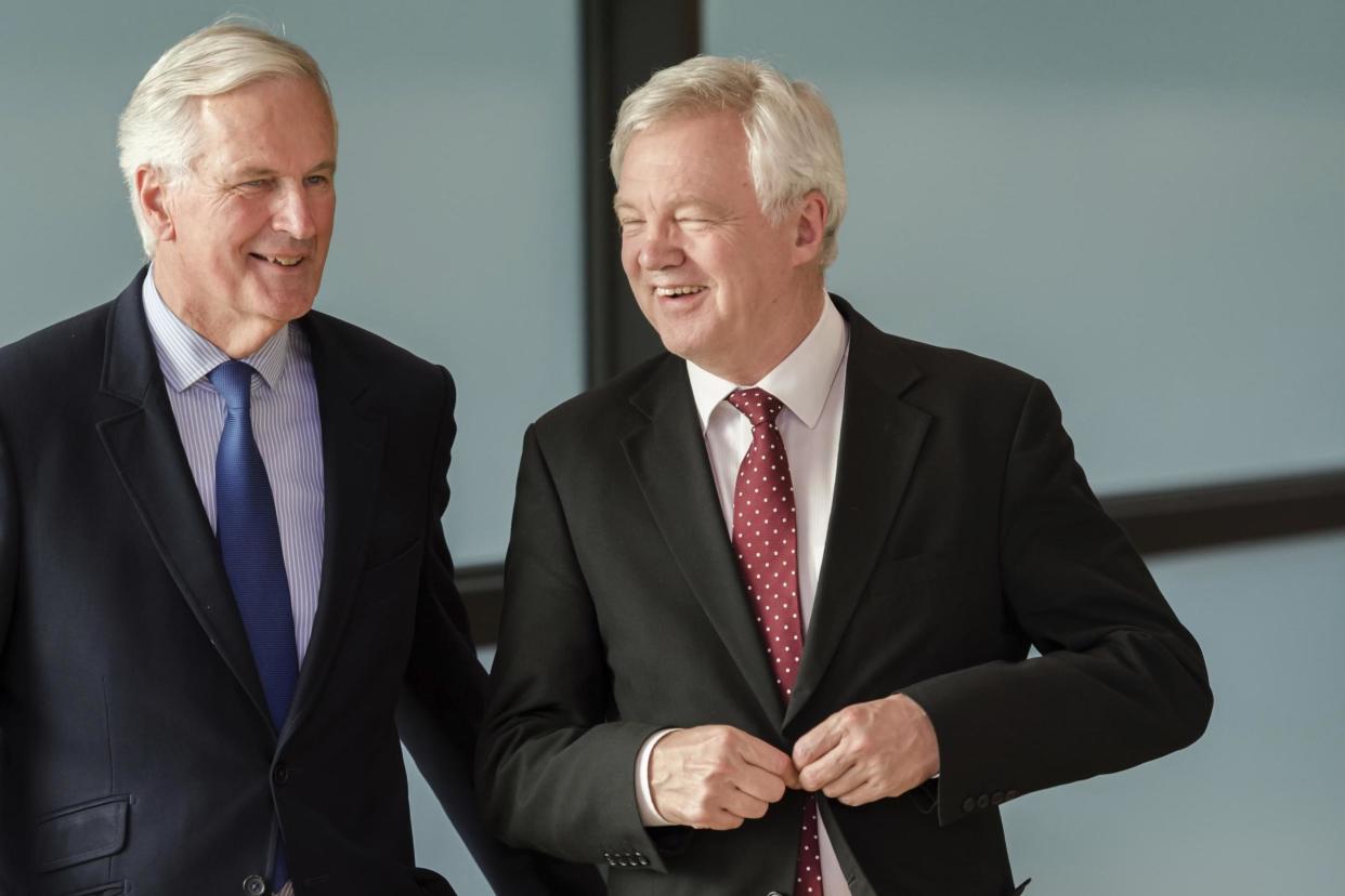 Brussels meeting: Brexit Secretary David Davis and EU chief negotiator Michel Barnier: AP