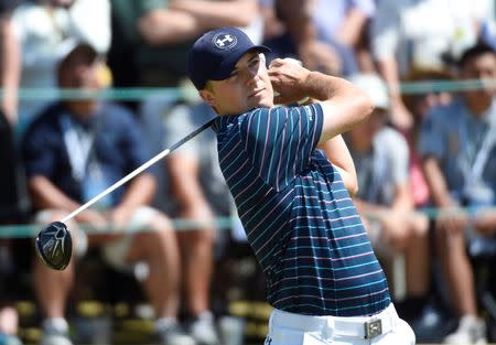Jun 21, 2015; University Place, WA, USA; Jordan Spieth hits his tee shot on the 1st hole in the final round of the 2015 U.S. Open golf tournament at Chambers Bay. Michael Madrid-USA TODAY Sports