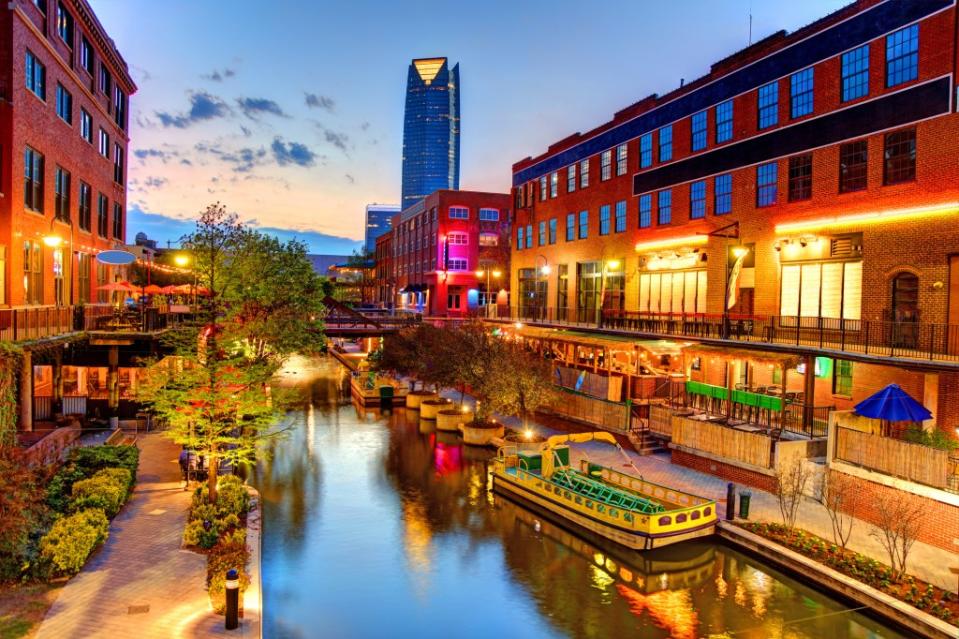 Evening view of the Bricktown Canal in Oklahoma City. Getty Images