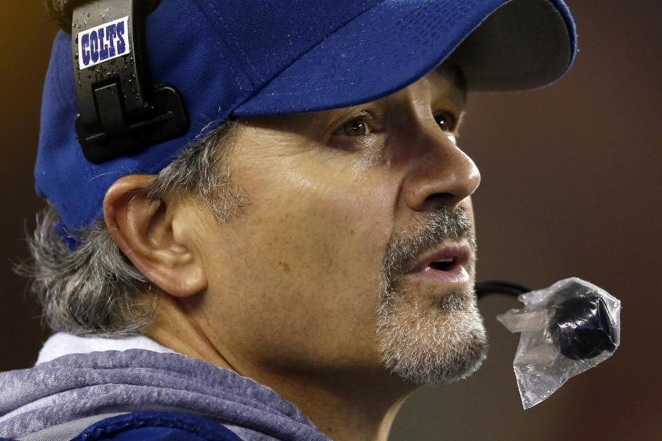 Indianapolis Colts head coach Chuck Pagano watches the action from the sidelines during the second half of an AFC divisional NFL playoff football game against the New England Patriots in Foxborough, Mass., Saturday, Jan. 11, 2014. (AP Photo/Michael Dwyer)