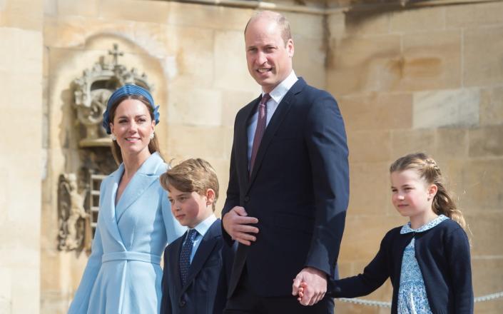 The Duke and Duchess of Cambridge with Prince George and Princess Charlotte attending the Easter Sunday service at St George&#39;s Chapel, Windsor Castle - Antony Jones/GC Images
