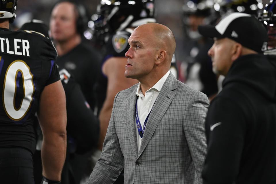 Oct 9, 2022; Baltimore, Maryland, USA; Baltimore Ravens general manager Eric DeCosta on the sidelines during the game against the Cincinnati Bengals at M&T Bank Stadium. Mandatory Credit: Tommy Gilligan-USA TODAY Sports