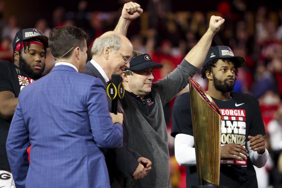 Georgia coach Kirby Smart celebrates after defeating TCU for the college football national title on Monday at SoFi Stadium.