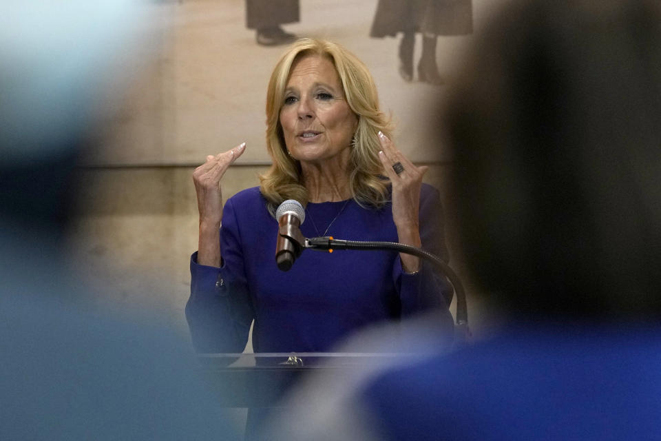 First lady Jill Biden speaks at the Smithsonian's National Museum of American History in Washington, Wednesday, July 10, 2024, during an event with spouses of NATO leaders as part of the NATO Summit. (AP Photo/Susan Walsh)