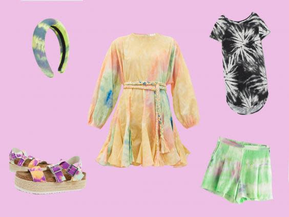 ASOS DESIGN, Tanner Chunky Espadrille Flatforms in Tie Dye, £28, ASOS; ASOS DESIGN, Padded Headband in Green Tie Dye Print, £2.50, ASOS; Ella Belted Tie-Dye Cotton Mini Dress, £335, Matches Fashion; Short T-Shirt Dress, £19.99, H&M; Tie Dye Shorts, £55, & Other Stories