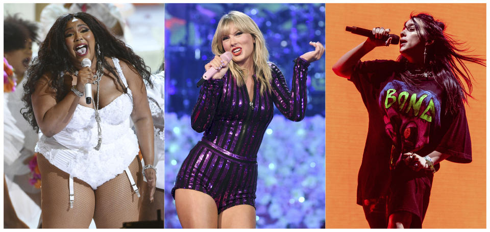 This combination photo shows, from left, Lizzo performing at the BET Awards in Los Angeles on June 23, 2019, Taylor Swift performing at Amazon Music's Prime Day concert in New York on July 10, 2019 and Billie Eilish performing at the Coachella Music & Arts Festival in Indio, Calif. on April 20, 2019. Swift, Lizzo, Eilish are set to perform on the iHeartRadio Jingle Ball Tour this holiday season. IHeartMedia announced Friday, Sept. 27, 2019, that the 12-city tour kicks off Dec. 1 in Tampa Bay, Florida. (AP Photo)