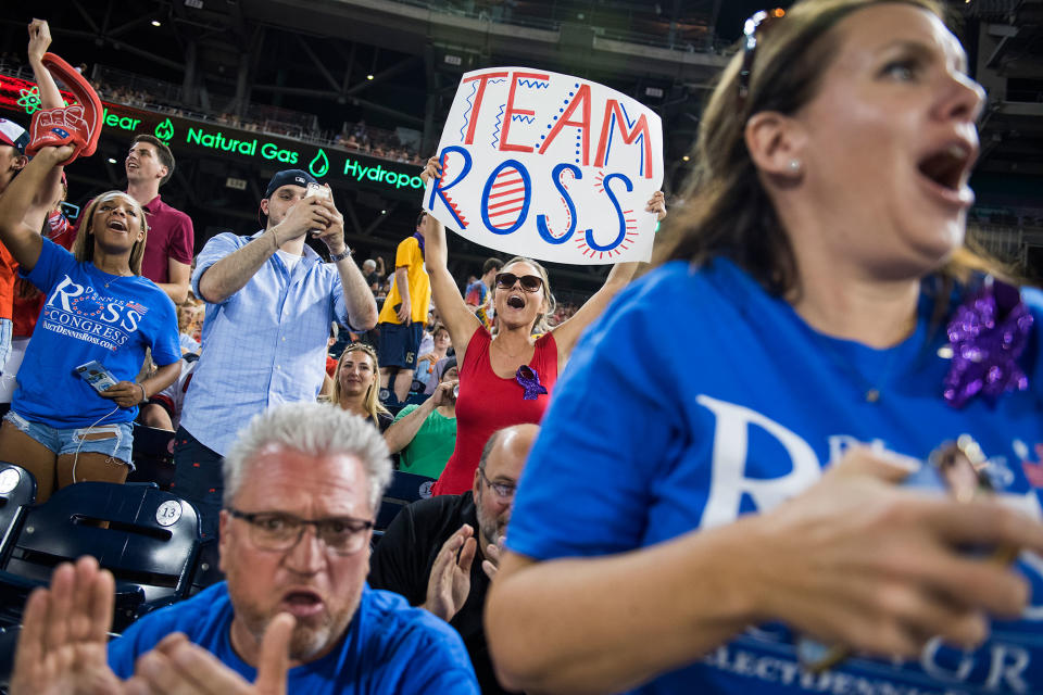 <p>Fans of Rep. Dennis Ross, R-Fla., cheer during the 56th Congressional Baseball Game at Nationals Park on June 15, 2017. (Photo: Tom Williams/CQ Roll Call/Getty Images) </p>