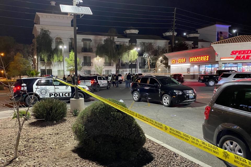 Las Vegas police investigate a shooting in the area of University Center Drive and Flamingo Road on Friday, March 4, 2022, in Las Vegas. (David Wilson/Las Vegas Review-Journal via AP)