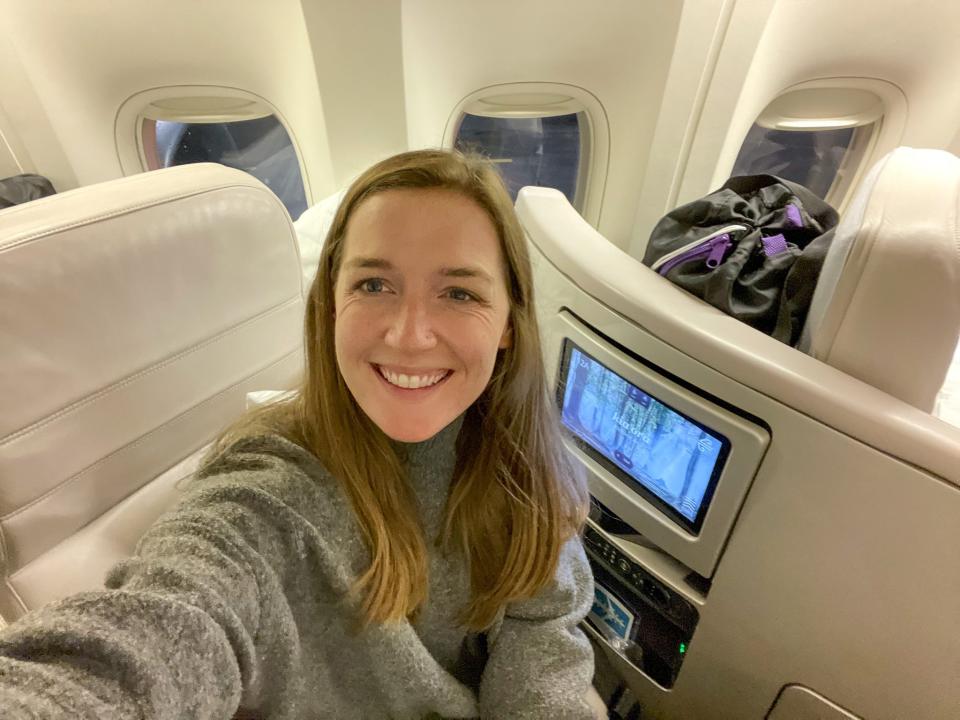 The author in her business-class seat on an Air New Zealand flight.