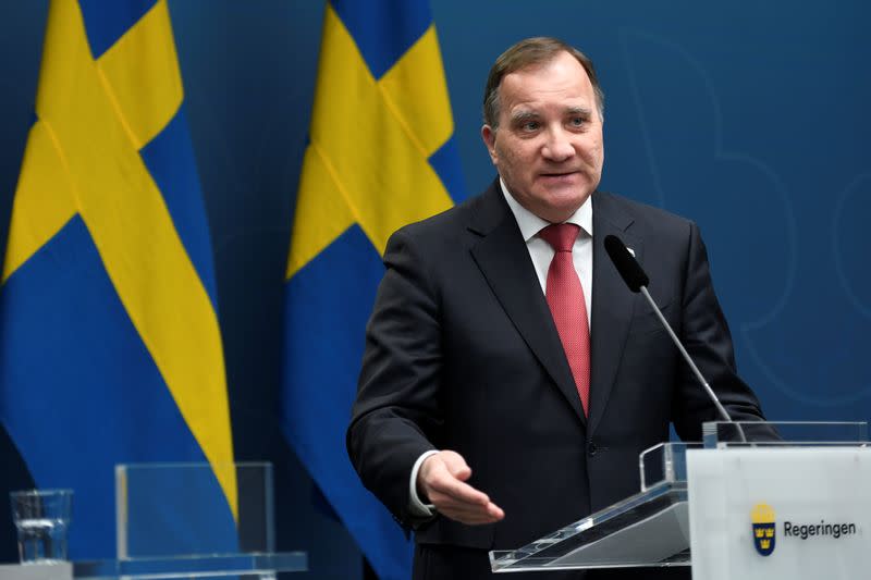 Swedish PM Stefan Lofven speaks during a news conference on the coronavirus disease (COVID-19) situation, in Stockholm