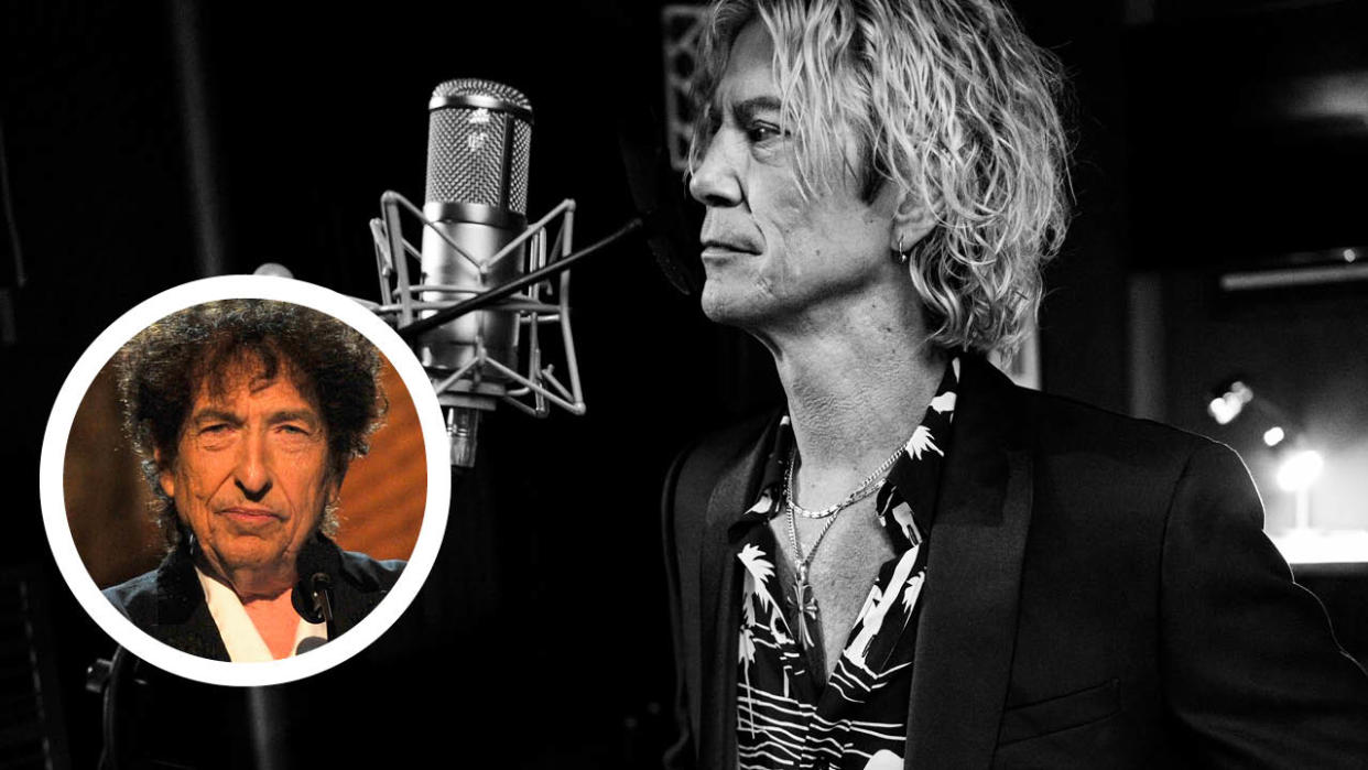  Duff McKagan in the studio with an inset of Bob Dylan. 
