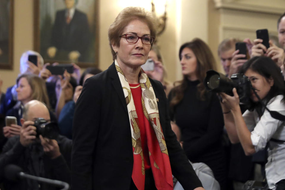 Former U.S. Ambassador to Ukraine Marie Yovanovitch arrives to testify to the House Intelligence Committee on Capitol Hill in Washington, Friday, Nov. 15, 2019, during the second public impeachment hearing of President Donald Trump's efforts to tie U.S. aid for Ukraine to investigations of his political opponents. (AP Photo/Andrew Harnik)