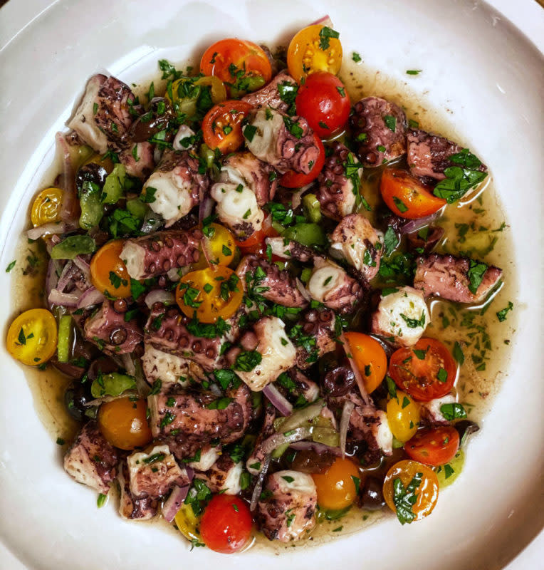 <p>Charlotte Fashion Plate</p><p>This grilled octopus salad will blow you away. Tender pieces of octopus grilled to perfection and combined with super fresh ingredients.</p><p><strong>Get the recipe: <a href="https://www.charlottefashionplate.com/recipes/grilled-octopus-salad/" rel="nofollow noopener" target="_blank" data-ylk="slk:Grilled Octopus Salad;elm:context_link;itc:0;sec:content-canvas" class="link ">Grilled Octopus Salad</a></strong></p>