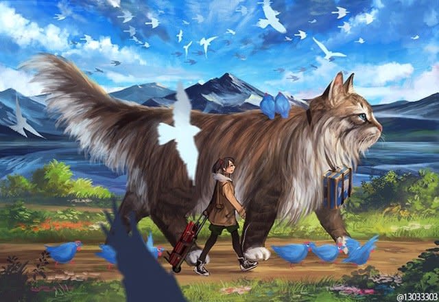 A digital painting by Monokubo depicting a normal-sized person walking alongside a giant cat.