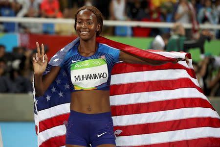 2016 Rio Olympics - Athletics - Final - Women's 400m Hurdles Final - Olympic Stadium - Rio de Janeiro, Brazil - 18/08/2016. Dalilah Muhammad (USA) of USA celebrates after the race. REUTERS/Phil Noble