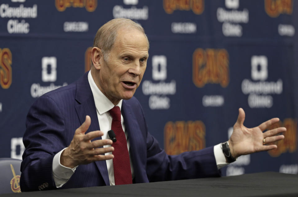 Cleveland Cavaliers head coach John Beilein speaks during a news conference, Tuesday, May 21, 2019, in Independence, Ohio. Beilein left Michigan after a successful 12-year run for what will likely be his last coaching stop, the Cleveland Cavaliers, who believe the 66-year-old can accelerate their rebuild. (AP Photo/Tony Dejak)