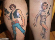 <div class="caption-credit"> Photo by: greatwhitesnark.com</div><div class="caption-title">Han Solo & Princess Leia</div>Well, you could probably search the world over, many times even, and never find a set of couple's tattoos quite as remarkable as these two. Just fantastic. I hope they're still together.