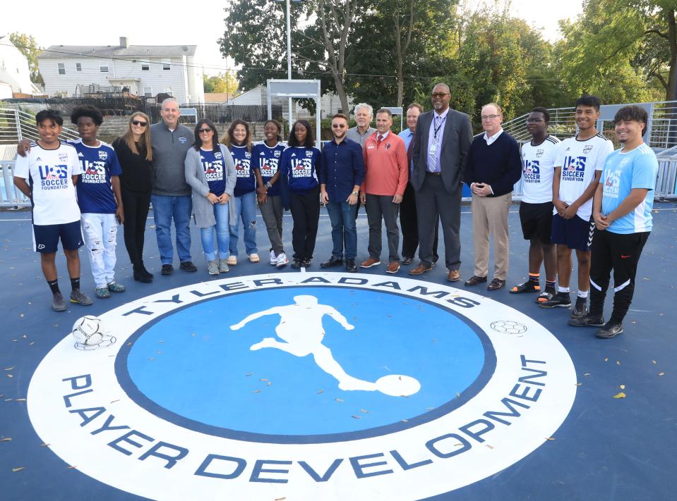 Soccer players from throughout the City of Poughkeepsie join local officials for the opening ceremony for the mini soccer pitches at Pulaski Park on October 12, 2022. The new soccer facilities were installed through the support of Dutchess County native Tyler Adams, the U.S. Soccer Foundation and the county.