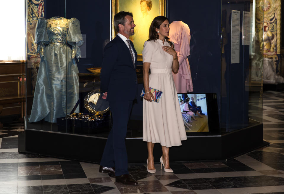 Crown Princess Mary and Crown Prince Frederik of Denmark seen at the exhibition opening of "The Faces of the Queen" celebrating Queen Margrethe II of Denmark at Frederiksborg Museum of National History on June 16, 2020 in Hillerod, Denmark. The exhibition is related to the 80th birthday of Queen Margrethe of Denmark and will show photos and paintings from 1940 - 2020 of the Queen. It is open for visitors from June 17 until December 31, 2020.