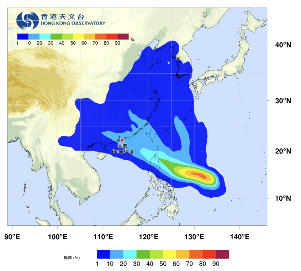 熱帶氣旋路徑概率預報，2023 年 7 月 21 日更新。現時系統較能掌握風暴會趨向呂宋以東海域；至於往後到底會趨向南海北部、還是台灣、東海，以至朝鮮半島，仍然有較大不確定性，概率仍然顯示為「1-10%」以及「10-20%」，預料到下周才轉趨明朗化。