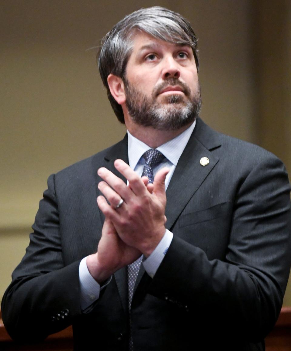 Sen. Garlan Gudger during debate on transgender bills during the legislative session in the senate chamber at the Alabama Statehouse in Montgomery, Ala., on Thursday April 7, 2022. 