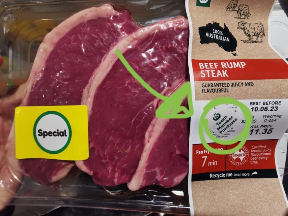 Woolworths meat with Team Member Purchase sticker affixed