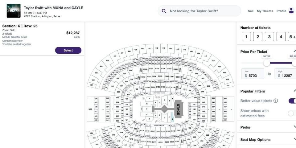 Screenshot of Stubhub ticket prices